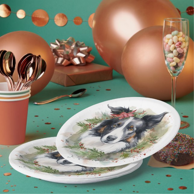 Border Collie Christmas Wreath Festive Pup  Paper Plates (Multi)