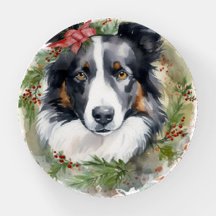 Border Collie Christmas Wreath Festive Pup Paperweight