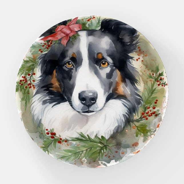 Border Collie Christmas Wreath Festive Pup  Paperweight (Front)