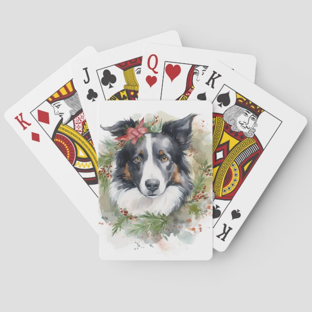 Border Collie Christmas Wreath Festive Pup  Poker Cards (Back)