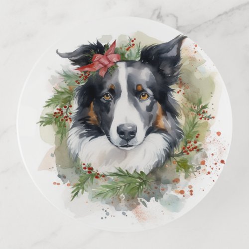 Border Collie Christmas Wreath Festive Pup  Trinket Tray