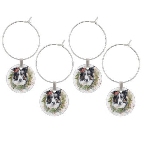 Border Collie Christmas Wreath Festive Pup  Wine Charm