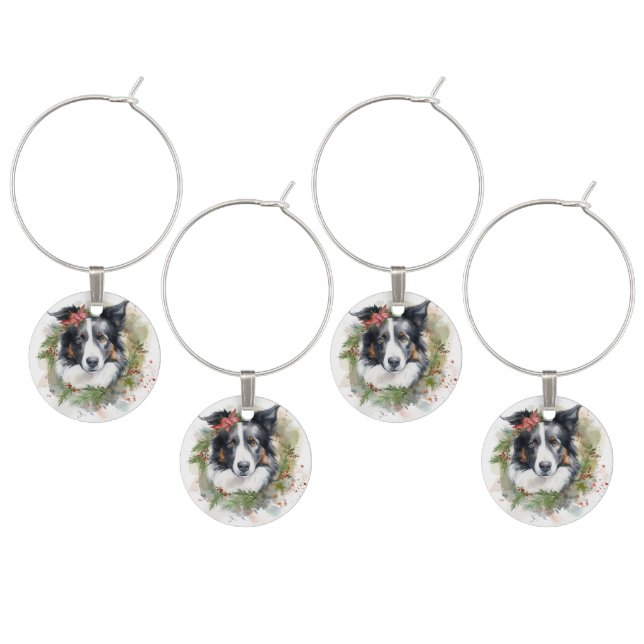 Border Collie Christmas Wreath Festive Pup  Wine Charm (Staggered)
