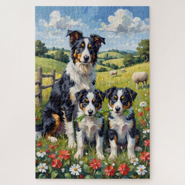 Border Collie Clover Meadow Art Jigsaw Puzzle (Vertical)