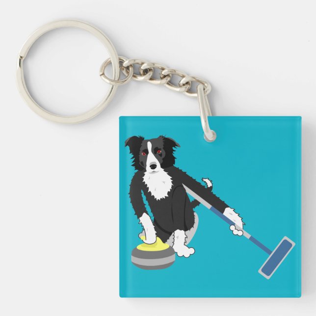 Border Collie Curling Keychain (Front)