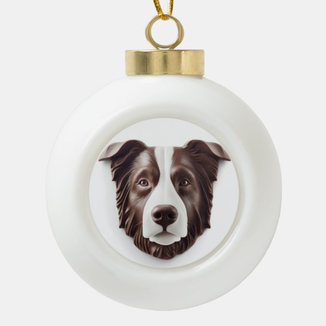 Border Collie Dog 3D Inspired Ceramic Ball Christmas Ornament (Front)