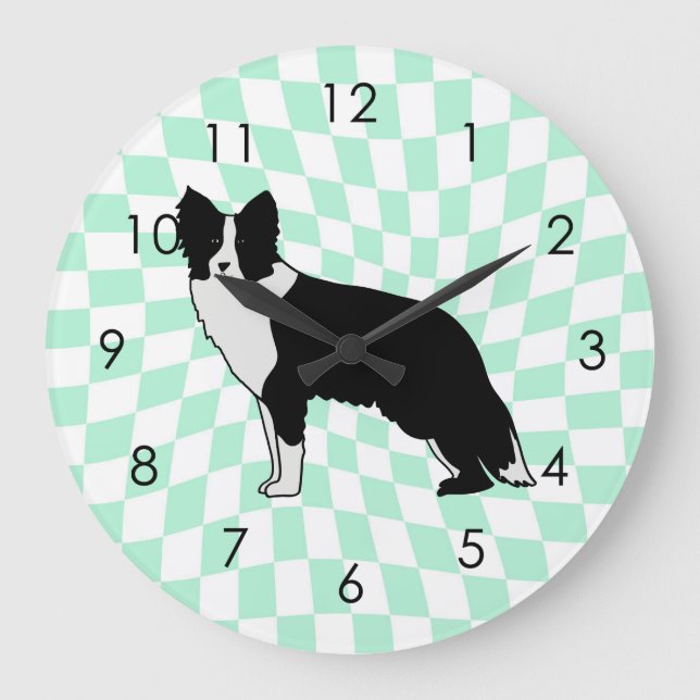 Border Collie Dog Abstract Illustration Checkered Large Clock (Front)