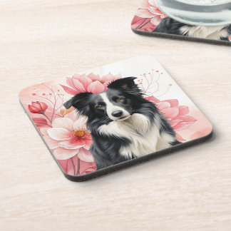 Border Collie Dog and Bold Pink Lilies Beverage Coaster