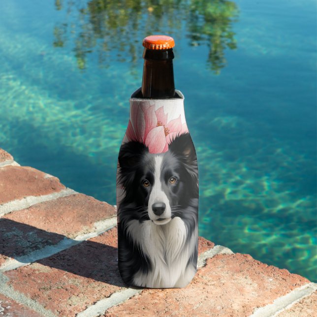 Border Collie Dog and Bold Pink Lilies Bottle Cooler (In Situ Pool)