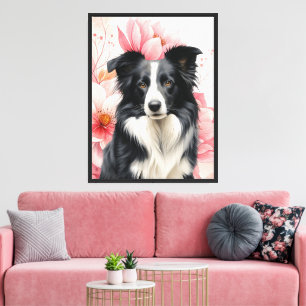 Border Collie Dog and Bold Pink Lilies Canvas Print