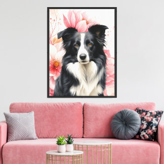 Border Collie Dog and Bold Pink Lilies Canvas Print