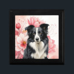 Border Collie Dog and Bold Pink Lilies Gift Box<br><div class="desc">Great gift idea for dog moms and dog lovers,  this sweet little wooden gift box,  small jewelry box or trinket box features a Border Collie sitting against a backdrop of big,  bold pink lilies in a botanical dog lover image.</div>