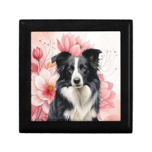 Border Collie Dog and Bold Pink Lilies Gift Box