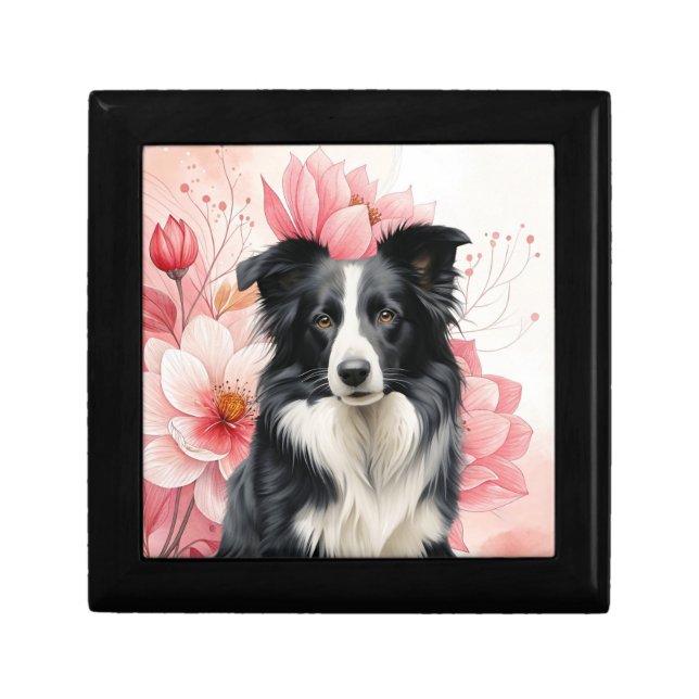 Border Collie Dog and Bold Pink Lilies Gift Box (Front)