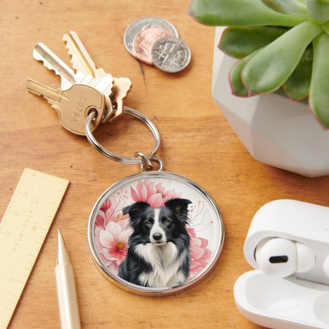 Border Collie Dog and Bold Pink Lilies Keychain (Desk)