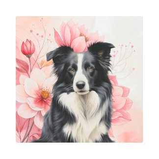 Border Collie Dog and Bold Pink Lilies Metal Print