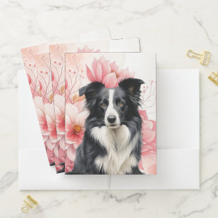 Border Collie Dog and Bold Pink Lilies Pocket Folder