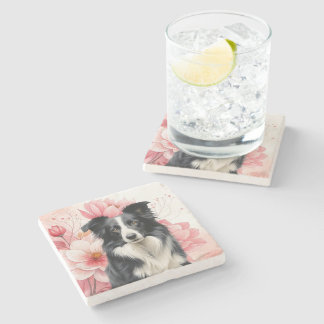 Border Collie Dog and Bold Pink Lilies Stone Coaster