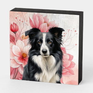 Border Collie Dog and Bold Pink Lilies Wooden Box Sign