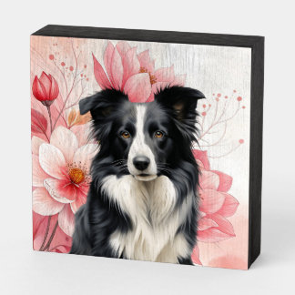 Border Collie Dog and Bold Pink Lilies Wooden Box Sign