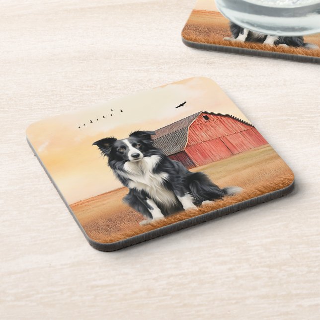 Border Collie Dog and Red Barn Ranch Beverage Coaster (Left Side)