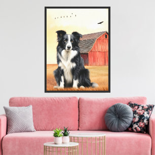 Border Collie Dog and Red Barn Ranch Canvas Print