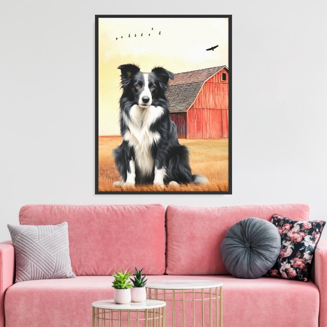 Border Collie Dog and Red Barn Ranch Canvas Print (Insitu(LivingRoom))