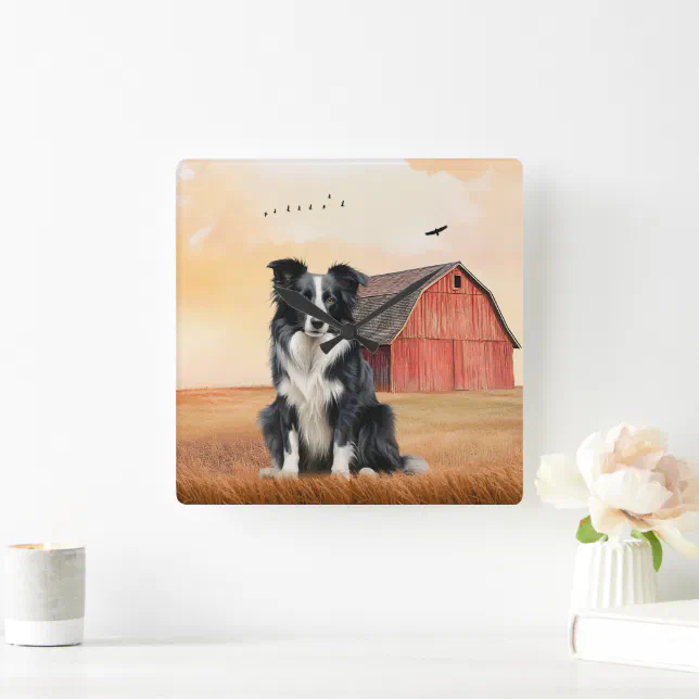 Border Collie Dog and Red Barn Ranch Square Wall Clock | Zazzle