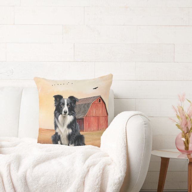 Border Collie Dog and Red Barn Ranch Throw Pillow (Couch)