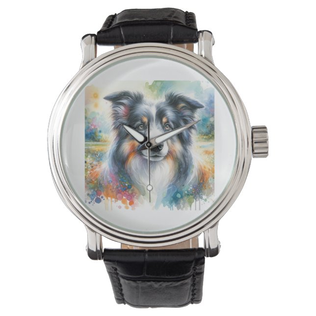 Border Collie Dog AREF1801 - Watercolor Watch (Front)