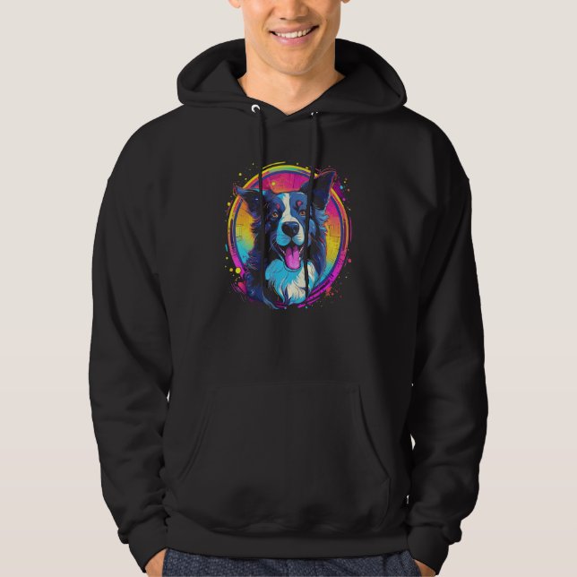 Border Collie Dog Australian Shepherd 80s Retrowav Hoodie (Front)