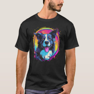 Border Collie Dog Australian Shepherd 80s Retrowav T-Shirt