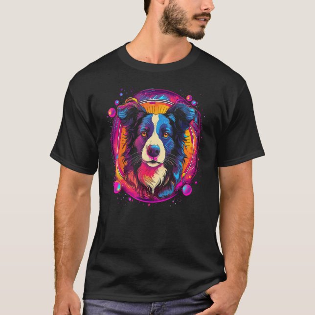 Border Collie Dog Australian Shepherd 80s Retrowav T-Shirt (Front)