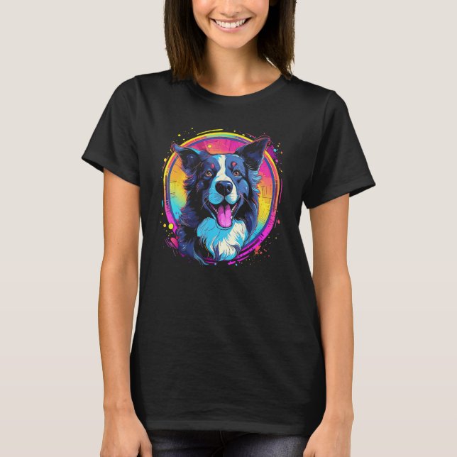 Border Collie Dog Australian Shepherd 80s Retrowav T-Shirt (Front)