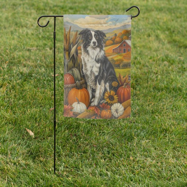 Border Collie Dog Autumn Harvest Thanksgiving Garden Flag (In SItu)
