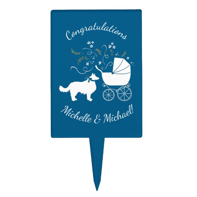 Border Collie Dog Baby Shower Puppy Blue Boy Cake Topper (Front)