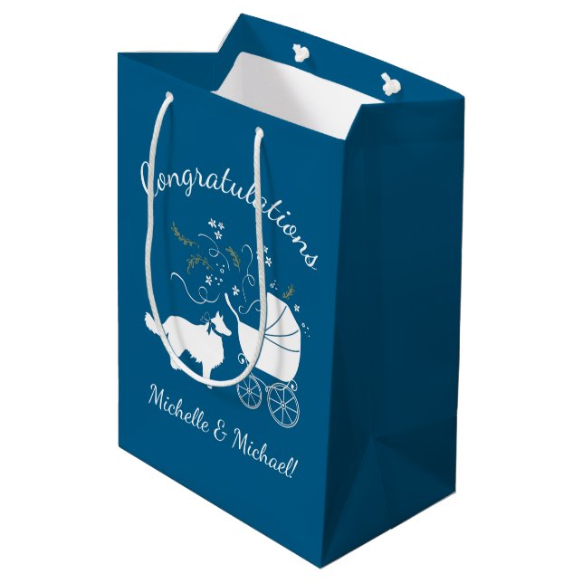 Border Collie Dog Baby Shower Puppy Blue Boy Medium Gift Bag (Back Angled)
