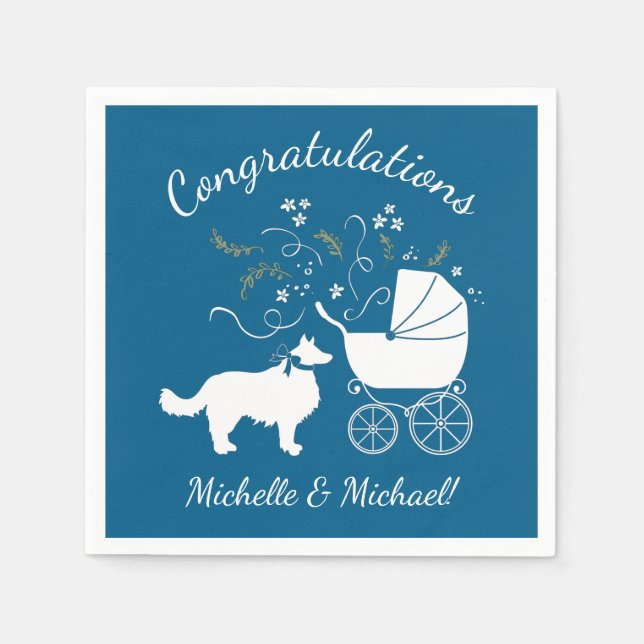Border Collie Dog Baby Shower Puppy Blue Boy Napkins (Front)
