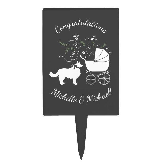 Border Collie Dog Baby Shower Puppy Grey Cake Topper (Front)