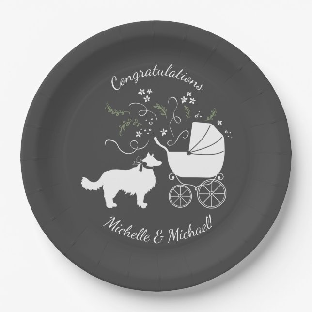 Border Collie Dog Baby Shower Puppy Grey Paper Plates (Front)