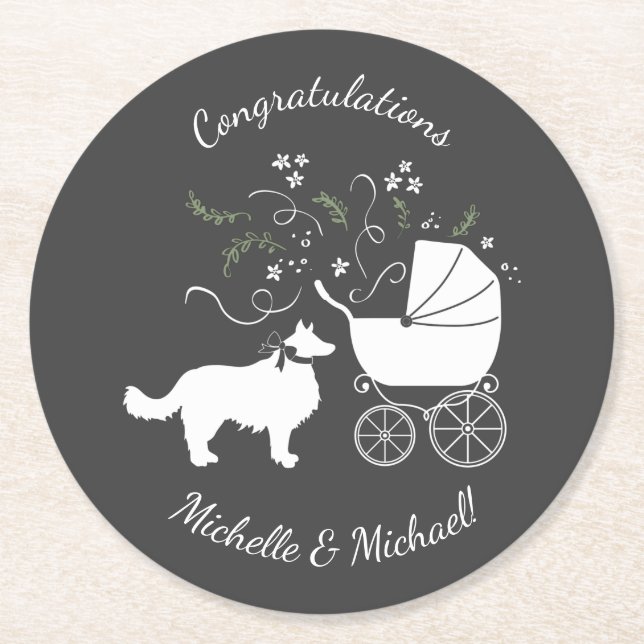 Border Collie Dog Baby Shower Puppy Grey Round Paper Coaster (Front)