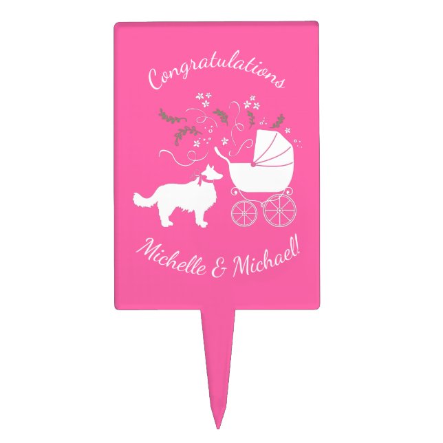 Border Collie Dog Baby Shower Puppy Pink Girl Cake Topper (Front)