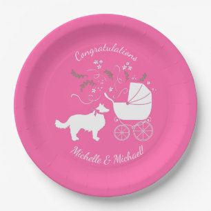 Border Collie Dog Baby Shower Puppy Pink Girl Paper Plates
