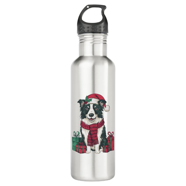 Border Collie Dog Christmas Parties Holiday Santa  Stainless Steel Water Bottle (Front)