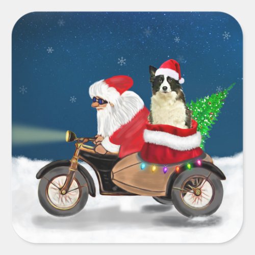 Border Collie Dog Christmas Santa Claus Square Sticker