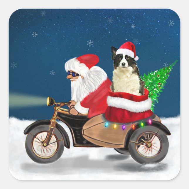 Border Collie Dog Christmas Santa Claus Square Sticker (Front)