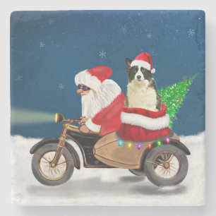 Border Collie Dog Christmas Santa Claus Stone Coaster