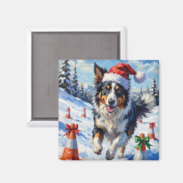 Border Collie Dog Christmas Snow Agility Fun Magnet (Front/Back)