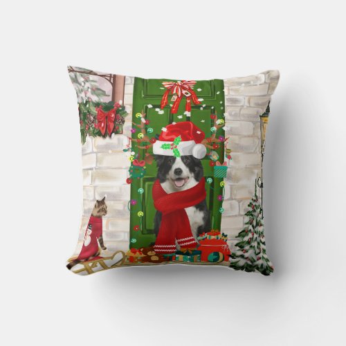 Border Collie Dog Christmas  Throw Pillow