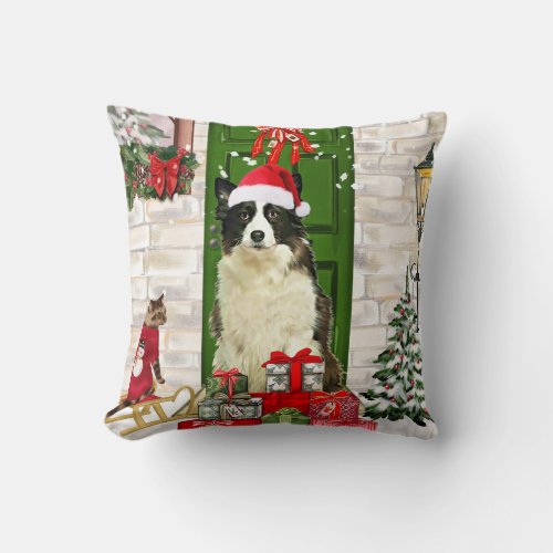 Border Collie Dog Christmas  Throw Pillow